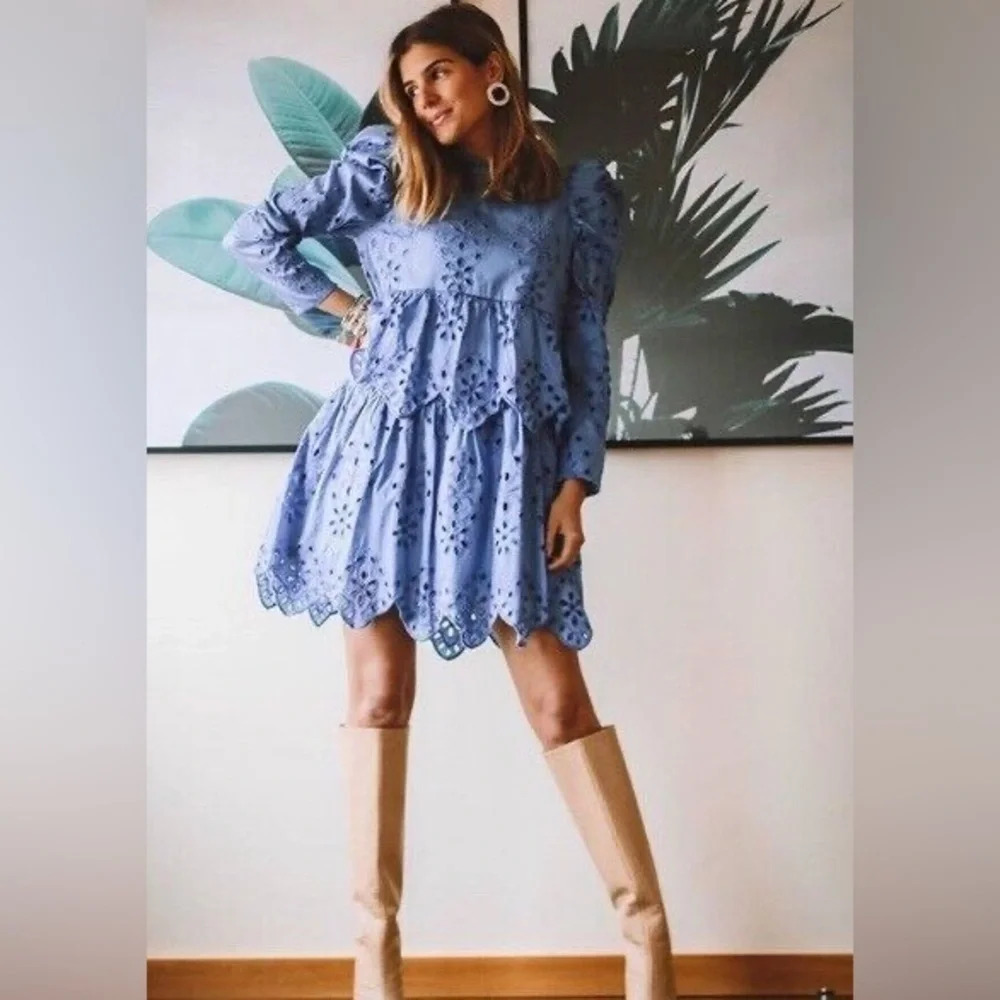 Zara Women Embroidered Eyelet Dress- Periwinkle